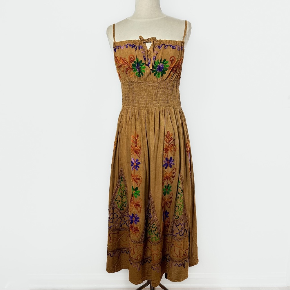 Beautiful Embroidered Smocked Bohemian Midi Dress In Earthy Brown